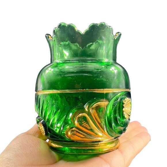1896 EAPG Riverside Esther Emerald Glass Gold Spooner Antique Glass Vase VINTAGE - Picture 2 of 16
